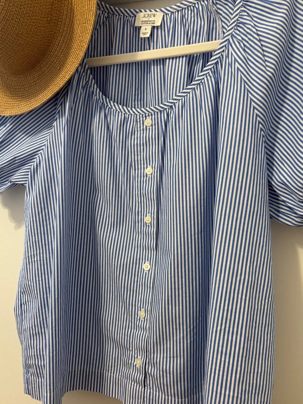 NWOT J Crew Women's Blue Stripe Button-Front Puff Sleeve Top